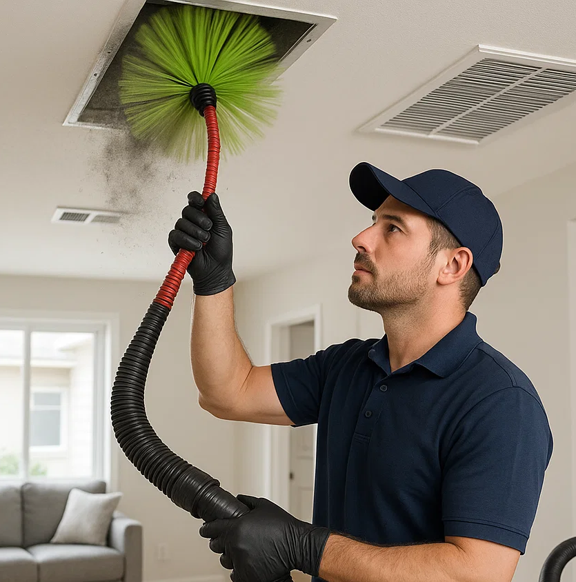Technician cleaning HVAC air ducts to remove bacteria, dust mites, mold spores and allergens in Spring Valley TX.
