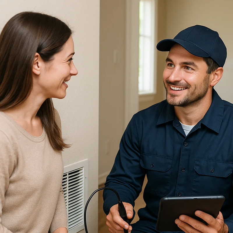 Friendly air duct technician explaining inspection and cleaning steps to a homeowner in Spring Valley TX.