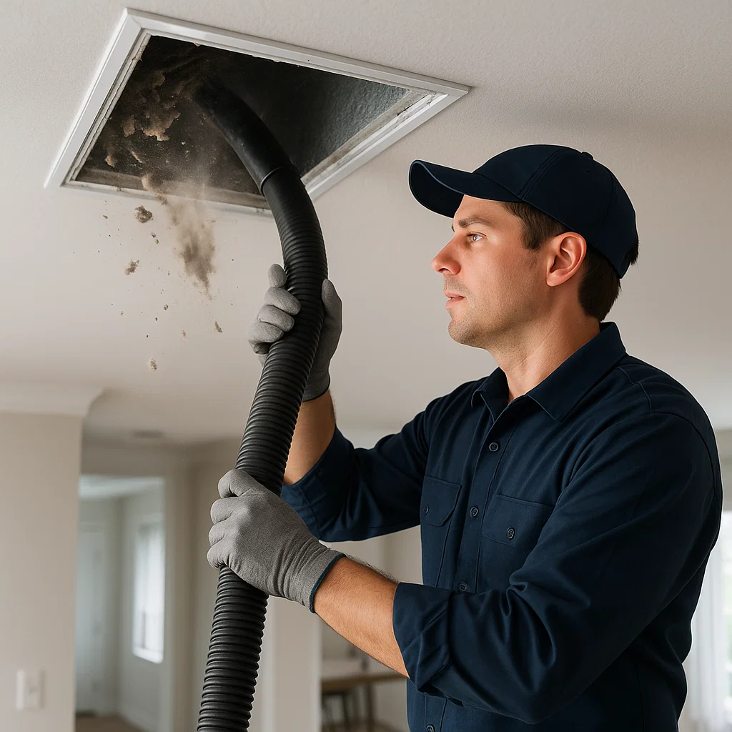 Technician repairing cracked or misaligned HVAC ducts, sealing joints and replacing damaged sections in Spring Valley TX.