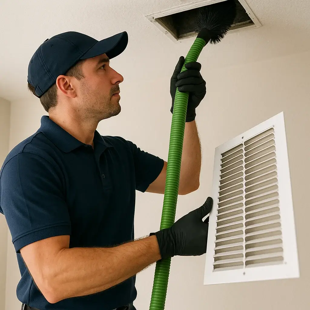 Technician using high-powered vacuum and rotary brush to deep clean HVAC ducts and sanitize them in Spring Valley TX.